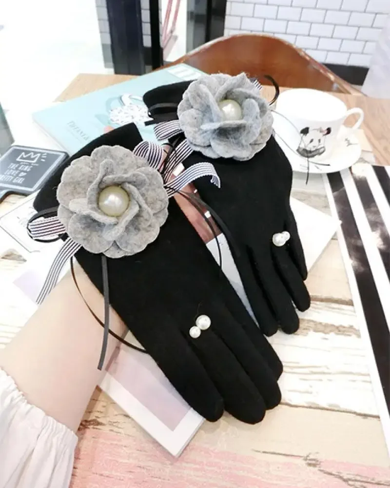 Cashmere Gloves Gray Woolen Wool Flower Bow Cashmere Gloves Fashion Korean Winter Warm Pearl Ring Touch Screen Gloves A393
