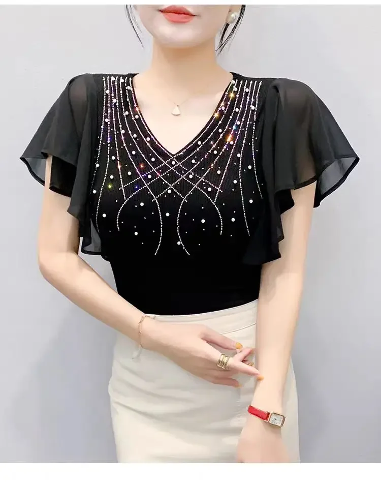2026 Summer New Women's Fashion T-Shirt - Flattering Ruffled Sleeves & Shoulder Fit with Mesh & Rhinestone Details