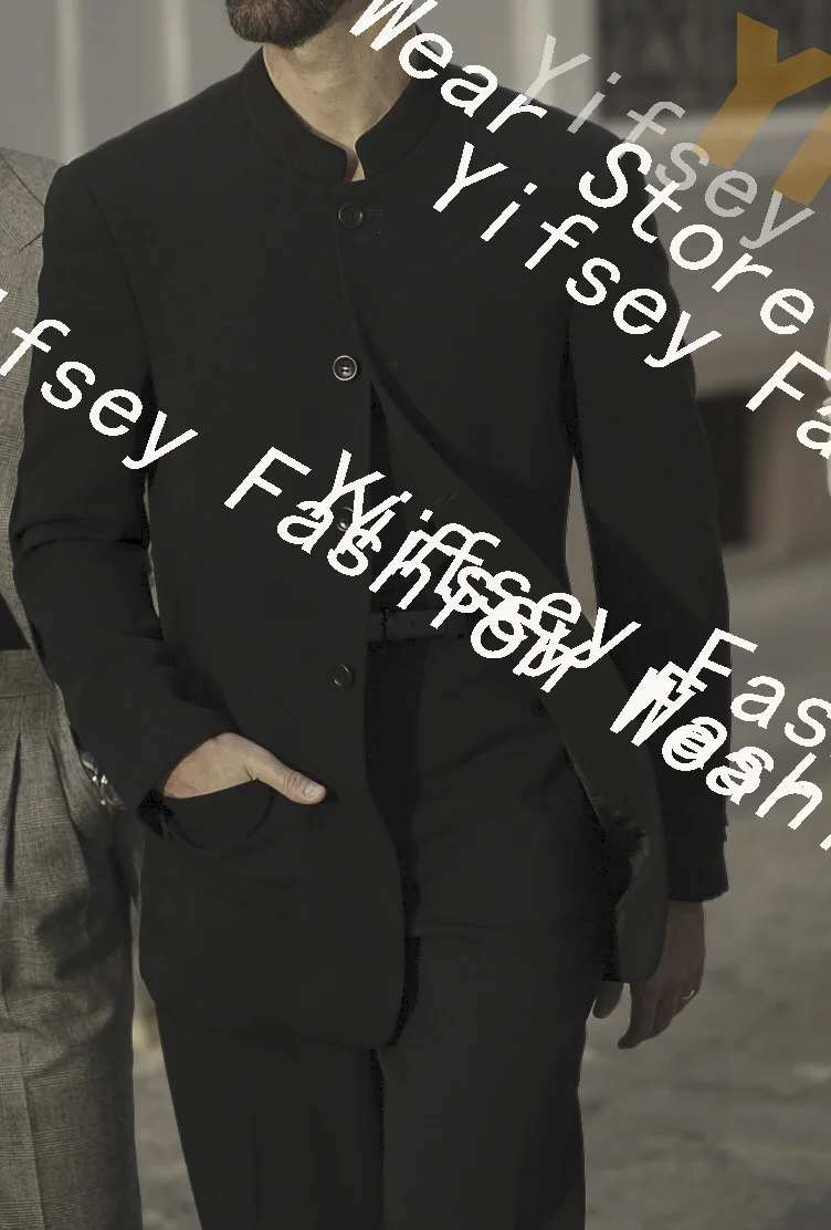 

Мужской костюм-двойка с воротником-стойкой и 4 пуговицами, черный, повседневный, для свадьбы, пиджак и брюки