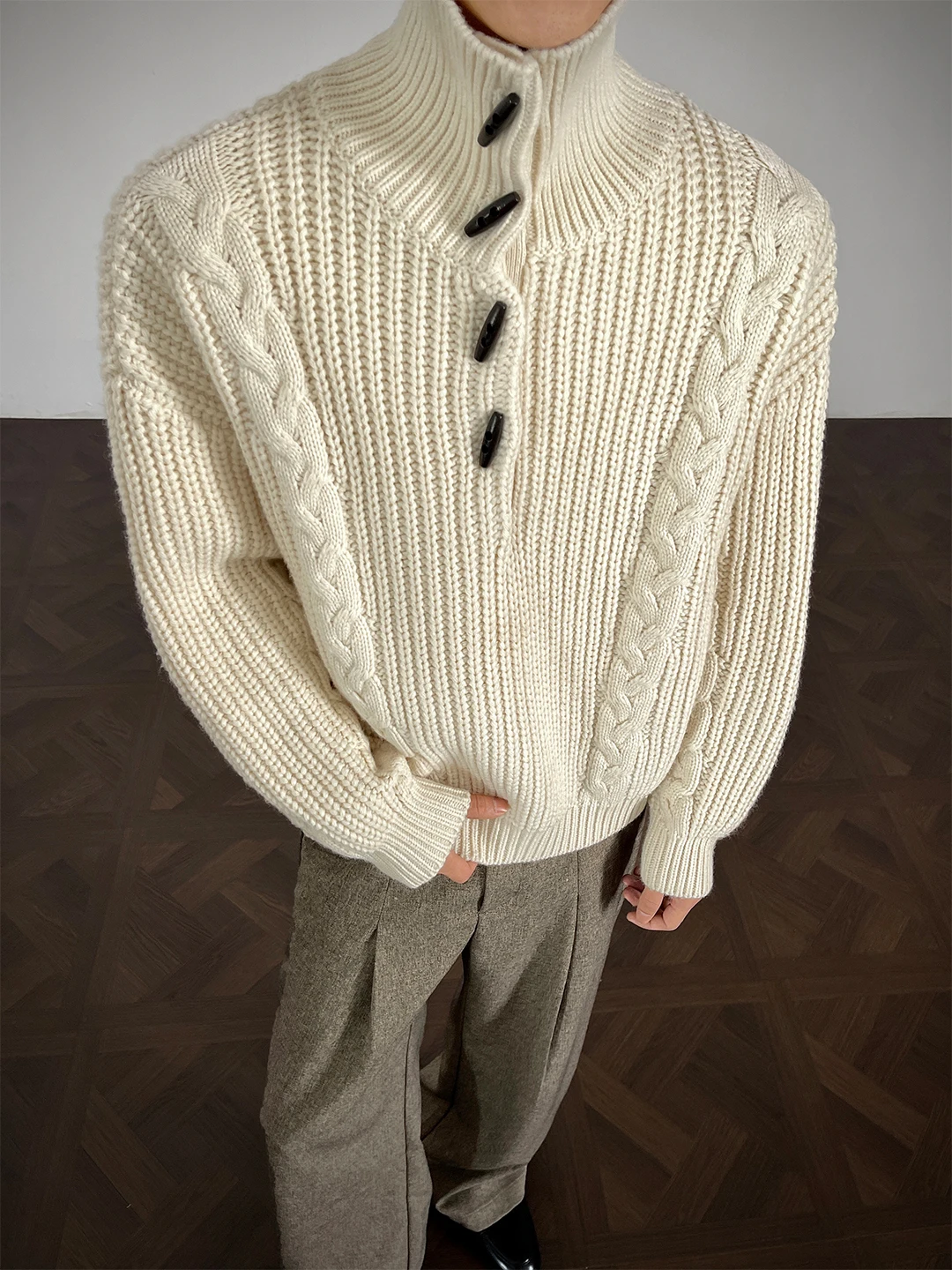 

Thiened Winter Knitted Sweater Men's Casual Sle High Collar Cable Knit Button up Warm Top Soft Polyester Fiber Long Sve