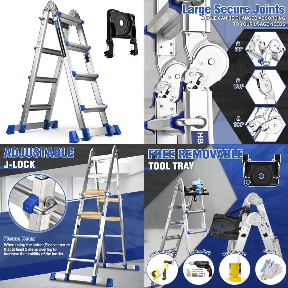 سلم تمديد متعدد المواضع بطول 15 قدمًا مع صينية قابلة للإزالة ومثبت، سعة 330 رطلاً، مثالي للاستخدام المنزلي والتجاري