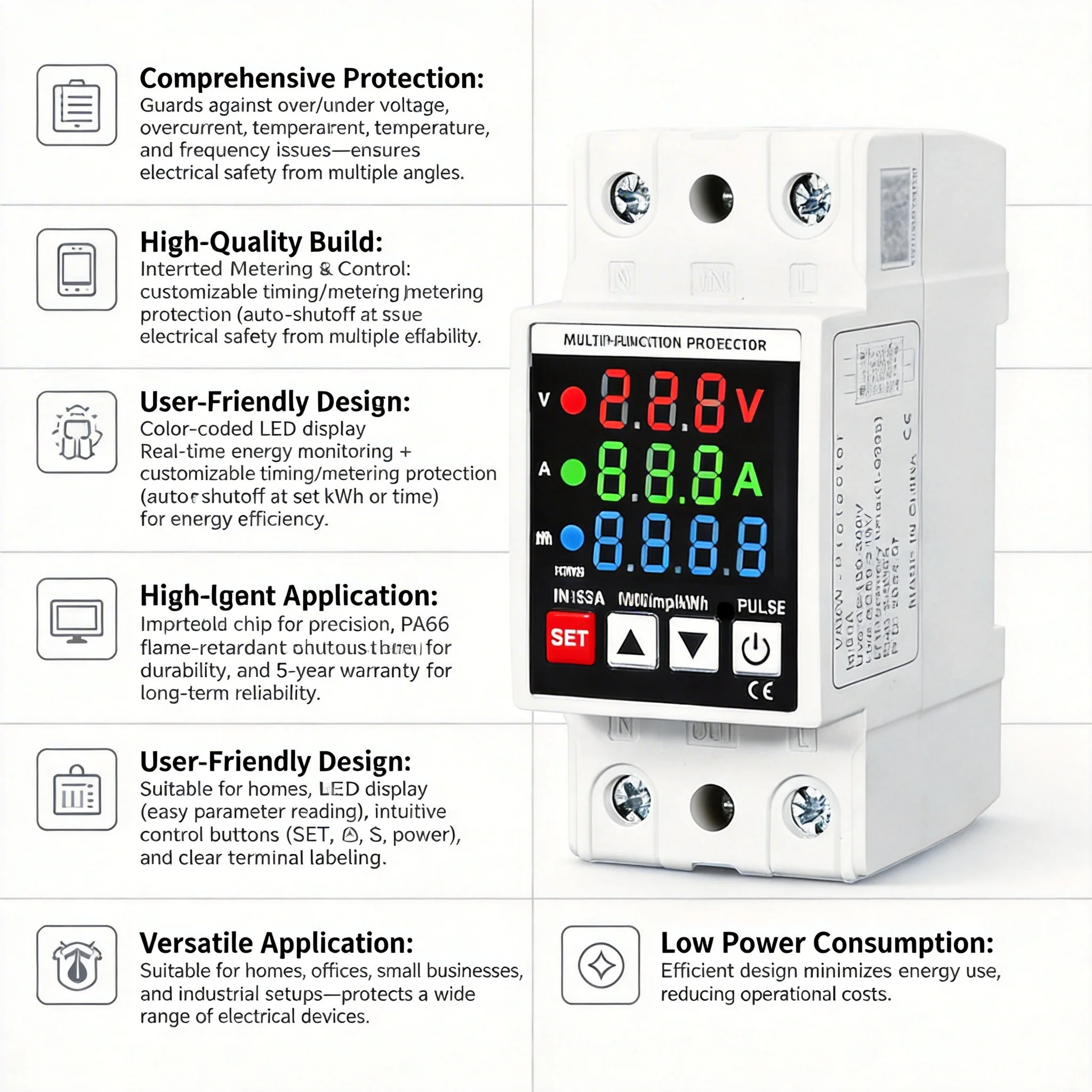 35mm Din Rail AC Monitor AC110 220V 63A Current Power Factor Active Electric Energy Digital Display Voltage Protector Timing