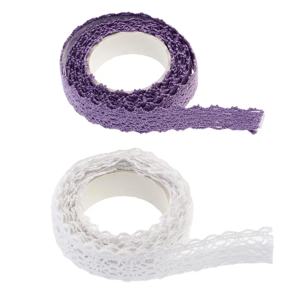 2 Yards Knit Crochet Fabric Lace Tape Washi Masking Tape Sticker Roll Self Ribbon Tape - 15mm Width - White/Purple