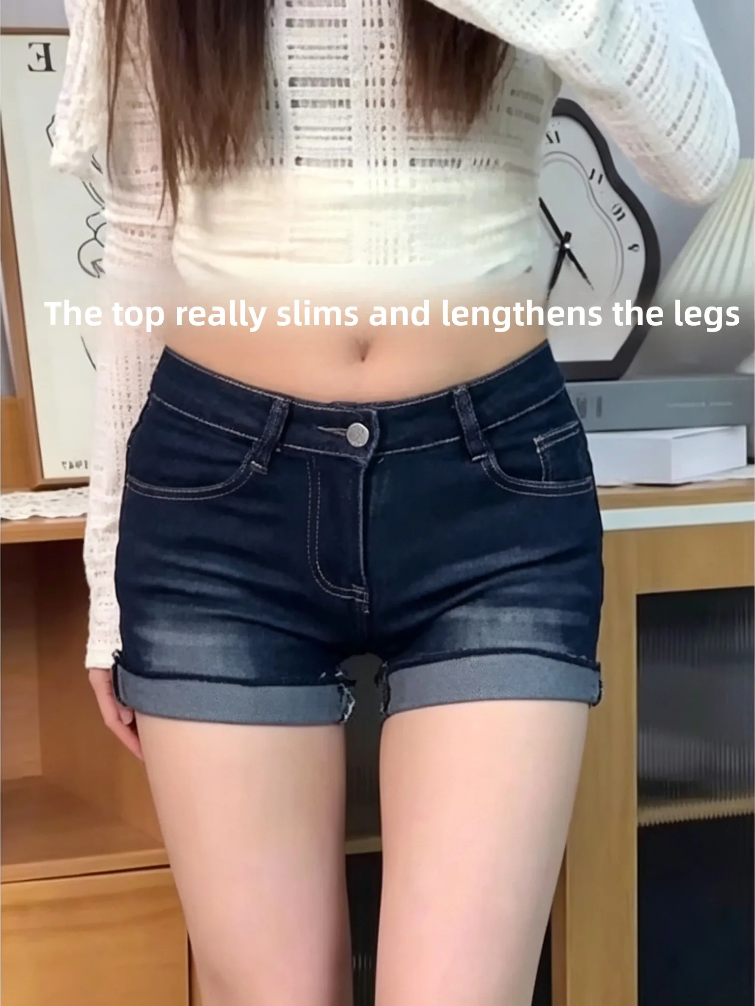 High Waist Elastic Denim Shorts Women's plus Size Summer New Style Slimming Flip  Hot Pants Polyester Fiber Zipper Closure