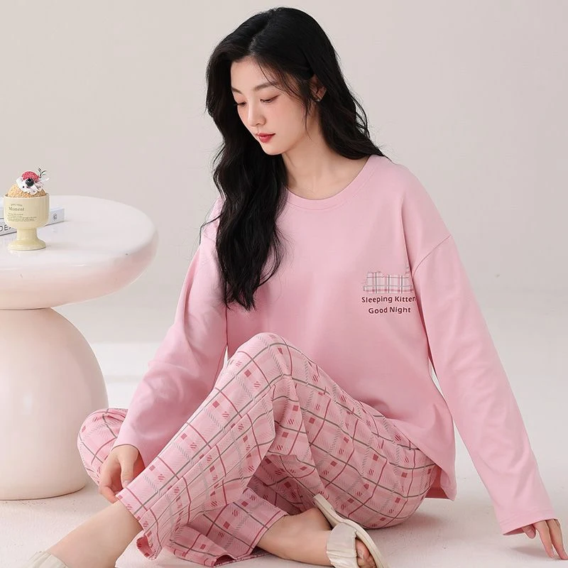 2024 가을 긴 소매 100% 코튼 프린트 잠옷 여성용 세트 한국어 귀여운 잠옷 잠옷 Homewear Pijama Mujer Home Clothes