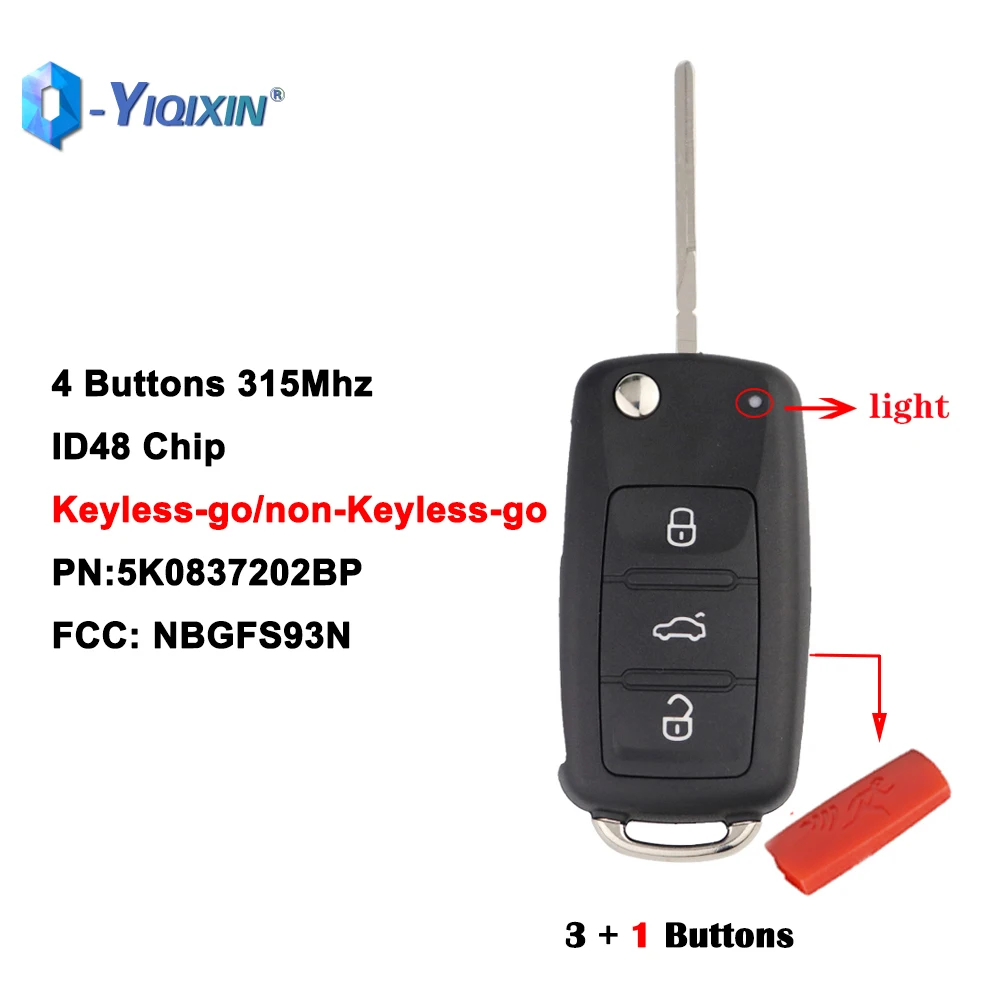 

4 Buttons 315Mhz Car Key Fob For VW Jetta Passat 2012-2019 PN 5K0837202BP FCC NBGFS93N ID48 Chip Keyless Go Auto Smart Remote