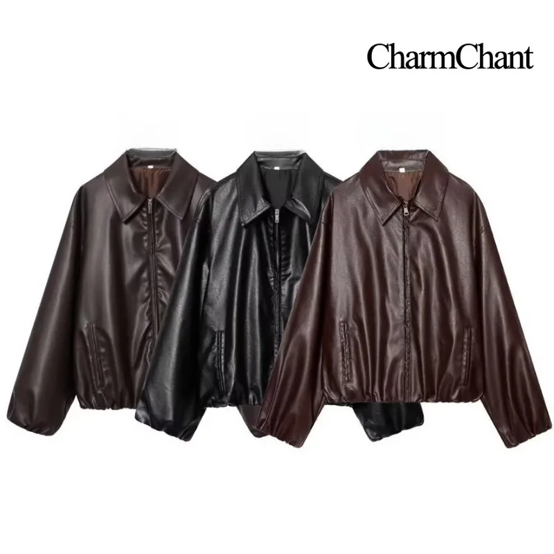 CHARMCHANT Women's PU Leather Point Collar Bomber Coat Zip Up Cropped Relaxed Fit Long Sleeve Jacket Club Night Fall 2026