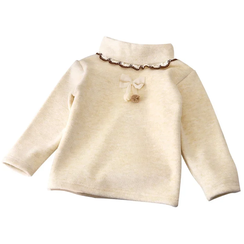 New Kids Turtleneck Warm Base Shirt Fleece-Lined Long Sleeve Underwear Toddlers Thickened Baby Base Layer Child Bow  Lace Collar
