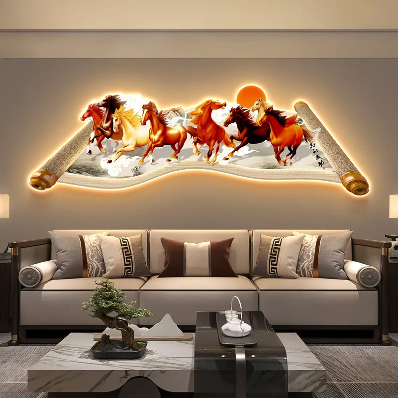 

Eight Horses Complete Scroll - Living Room Decor, Axial Sofa Background Wall Art, "Victory" Office Lighted Murals