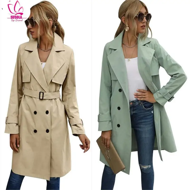 SUSOLA Trend Women Casual Solid Color Coat Adults Autumn Elagant Trend Long Sleeve Lapel NeckDouble Breasted Belted Trench Coat