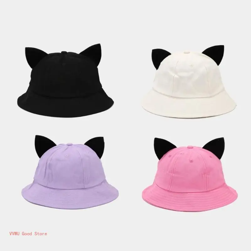 Colorful Bucket Hat Kitten Ear Decorated 3D Cats Ears Sun Hat for Teenagers