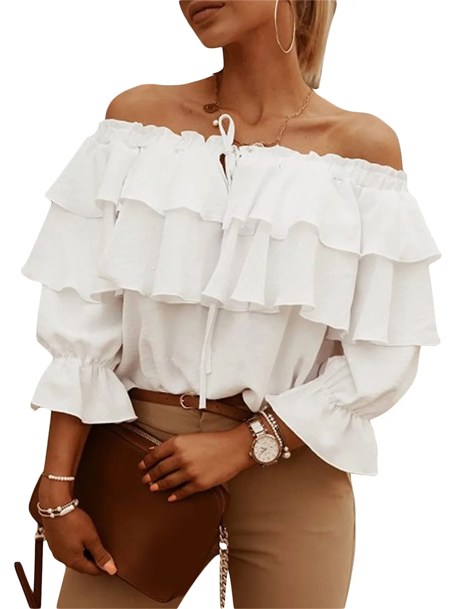 Women Fashion Wild Shirts Solid Color Boat-Neck Off-Shoulder Half Sleeve Chiffon Blouses Summer Casual Ruffles Tie-Up Tops