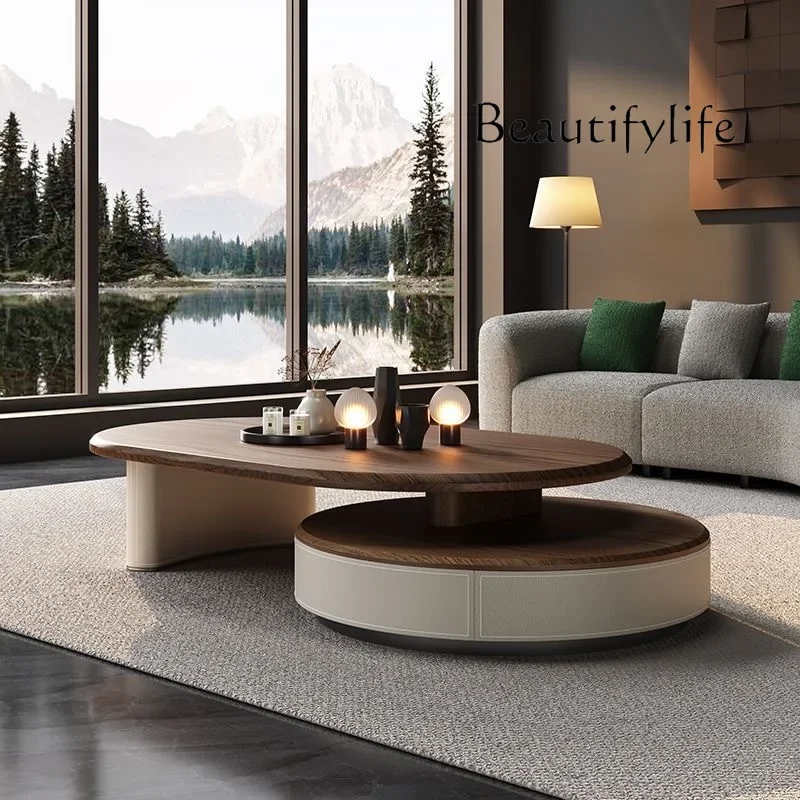 X36 Retro Style Light Luxury Retractable Round Coffee Table Small Apartment Modern Simple Living Room New High-end Coffee Table