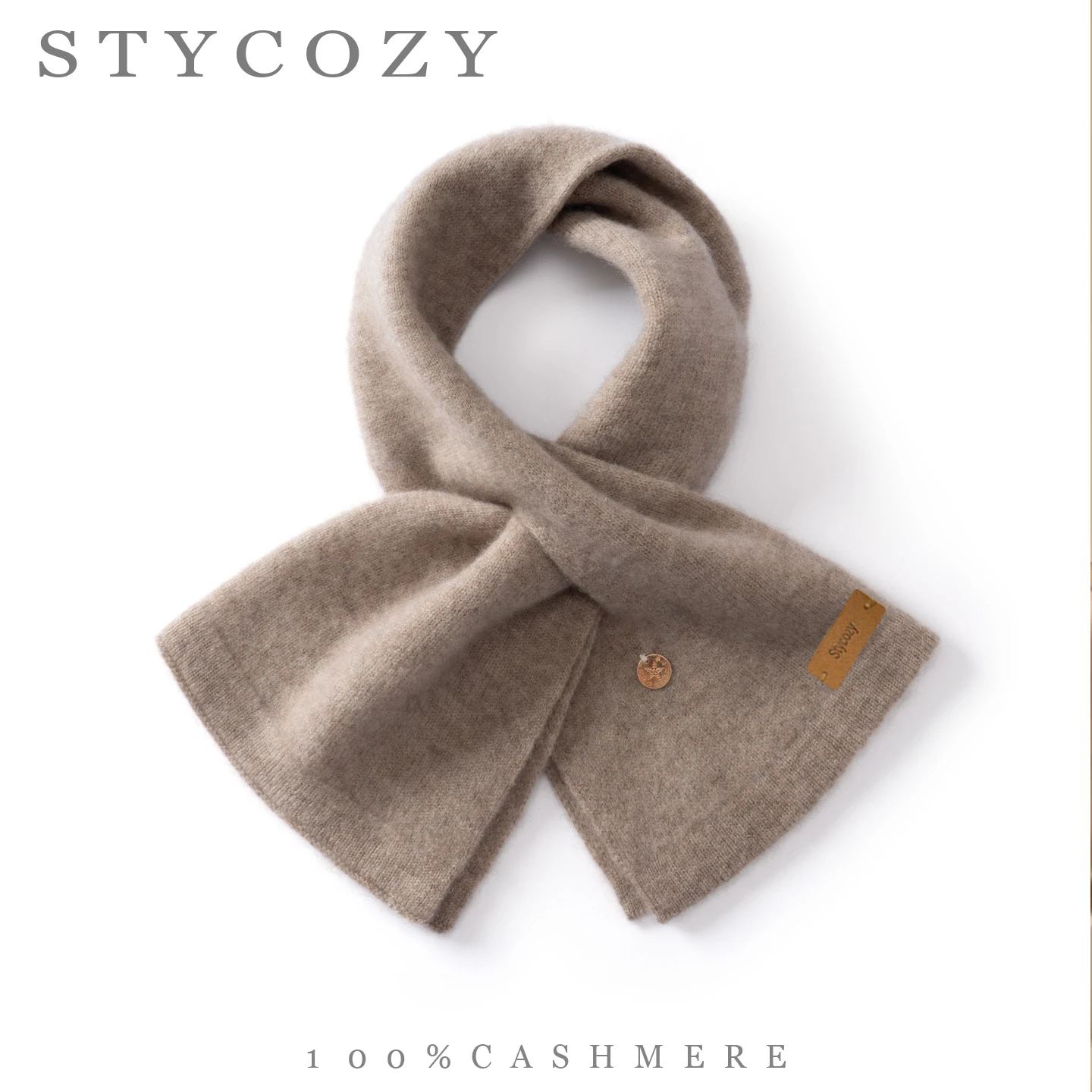 100%Cashmere Pull Through Hole Small Scarf Women Ladies Metal Round Tag Leather Label Solid Color Fall Winter Warm Neck Scarf