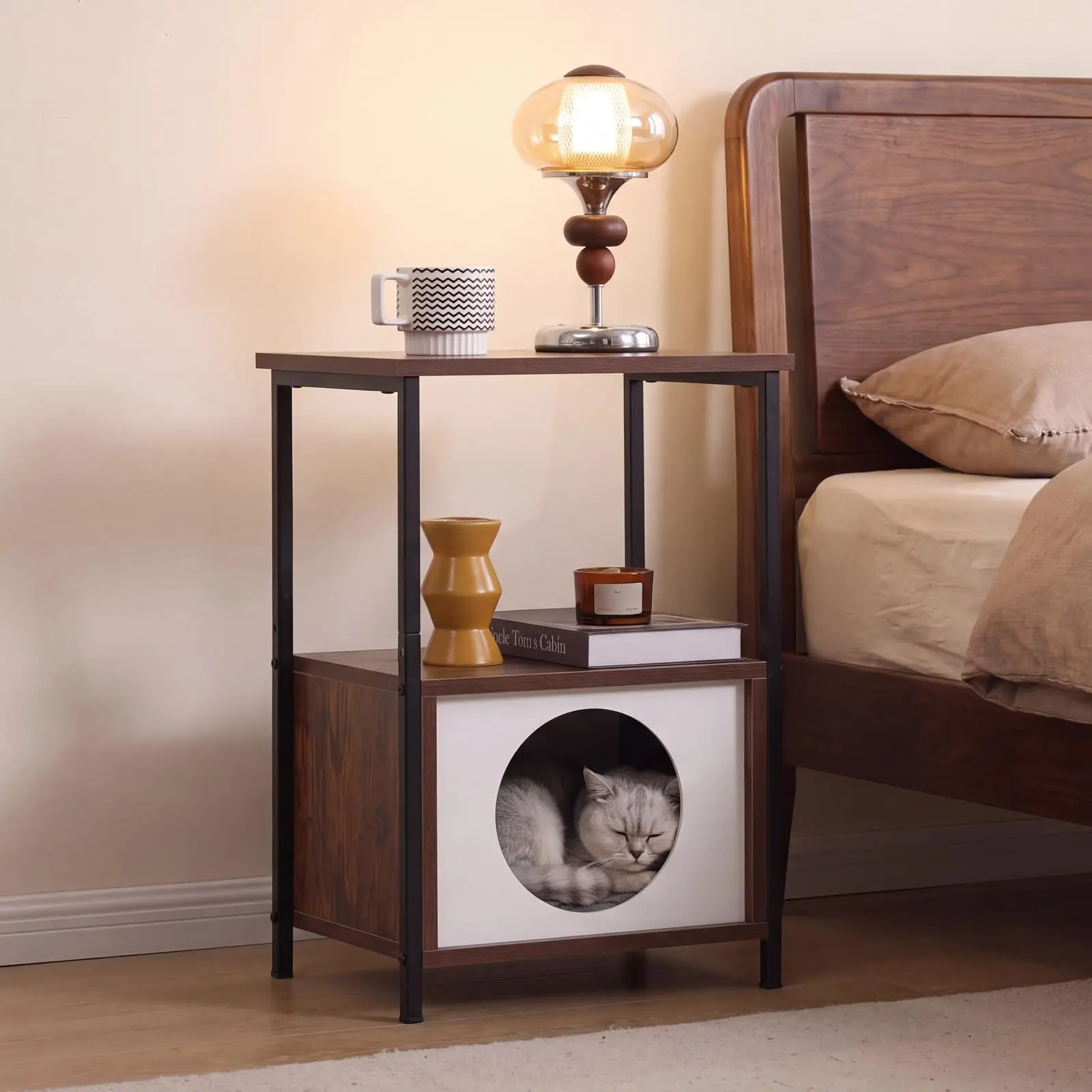 Slim 3-Tier Industrial Narrow End Table With Cat House - Metal Frame With Shelves & Storage - Small Sofa Side Table For Living Room/Bedroom