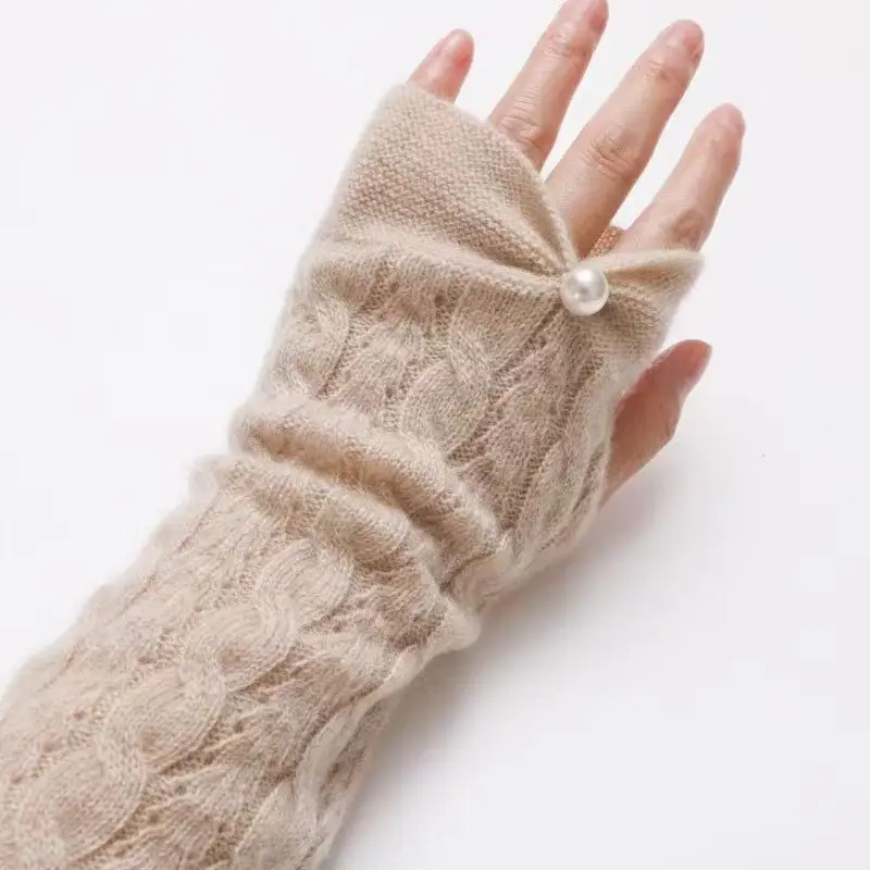 Autumn And Winter Cashmere Elbow Pads Long Open-Fingered Gloves Ladies Twist Knitted Pearls Warm Armguard Sleeve