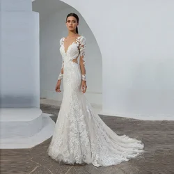 Ivory Scoop Neck Wedding Dresses Long Sleeve Mermaid Bridal Gown Boho Illusion Lace Appliques Tulle Sweep Train Robe De mariée