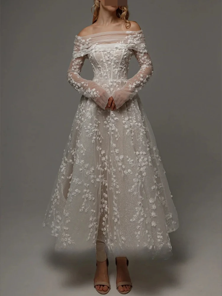 Elegantes, glänzendes Brautkleid aus Tüll mit herzförmigem Kragen und Spitze, knöchellanges Brautjungfernkleid in A-Linie, rückenfrei, individuell gestaltet