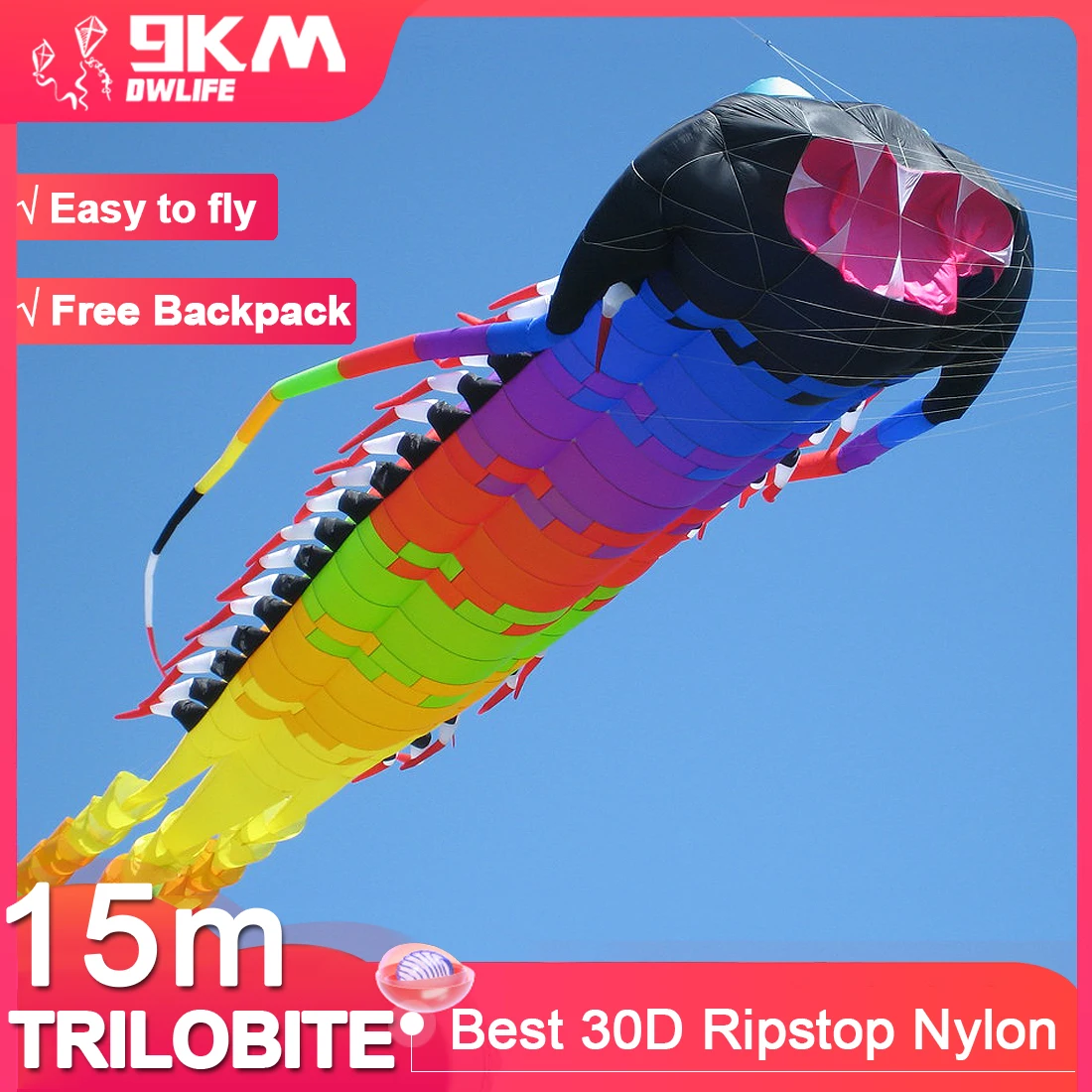 9KM 15m Antico Trilobite KiteLine Lavanderia Aquilone Morbido Gonfiabile 30D Ripstop Nylon per Festival di aquiloni con Borsa (Acetta all'ingrosso)