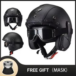 DOT Approved Vintage Leather Motorcycle Helmet Retro Open Face Chopper Casque Capacete Motorbike De Moto Masculino Casco Moto