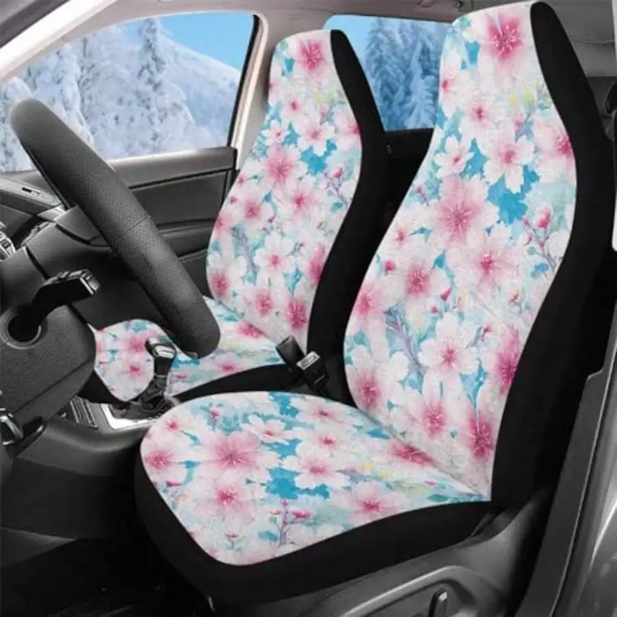 Cherry Blossom Print Car Seat Covers Front 2 Piece Soft Plush Warm For SUV Sedan Truck