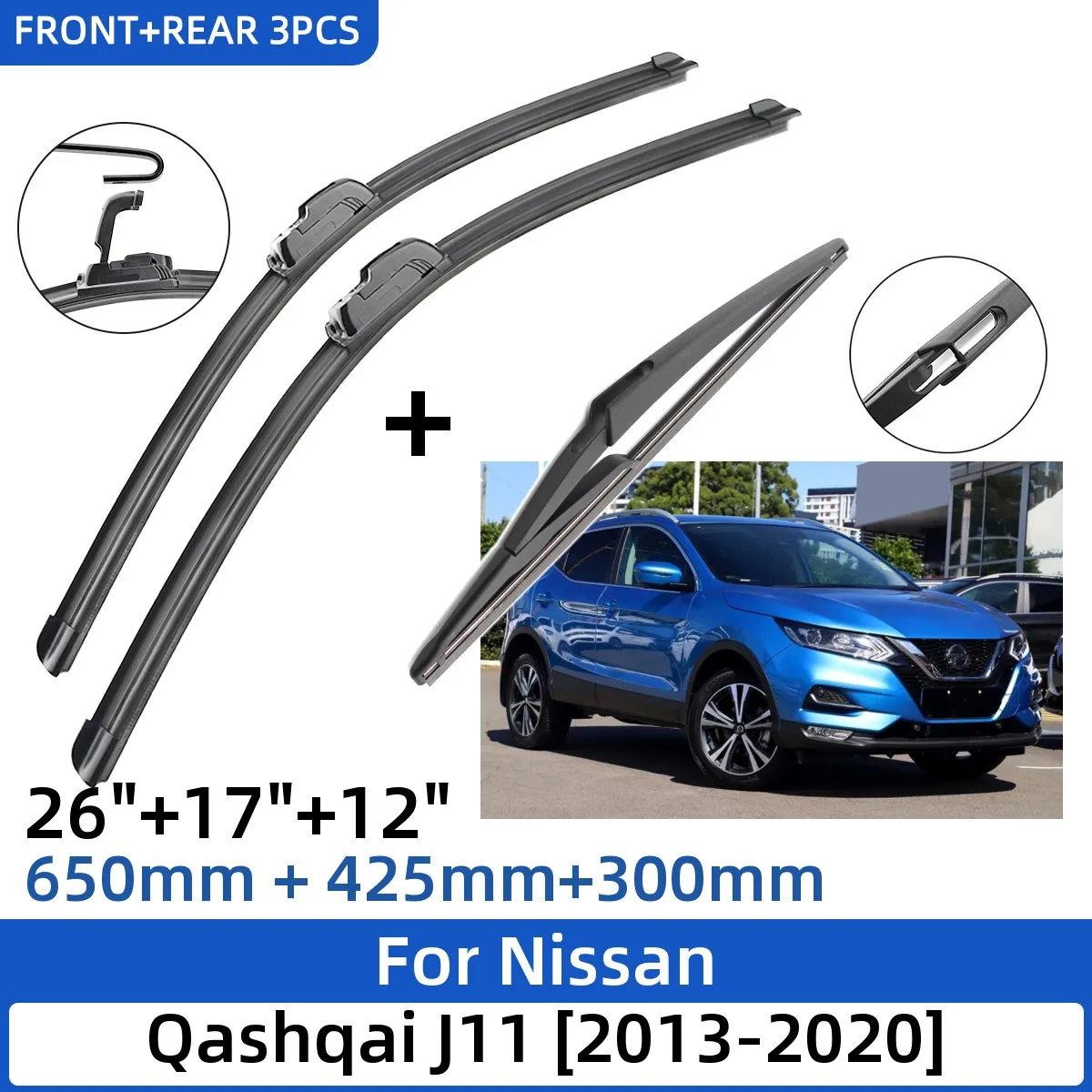 

3 шт. для Nissan Qashqai J11 2013-2020 26 "+ 17" + 12 "передние и задние щетки стеклоочистителя лобовое стекло резак для окон аксессуары 2013