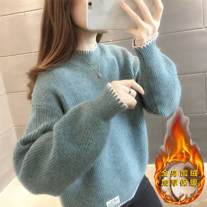 Solid Turtleneck Long Sleeve Knit Sweater Elegant Fashion Harajuku Slim Fit Tops Women Loose Casual Sweat All Match Pullovers