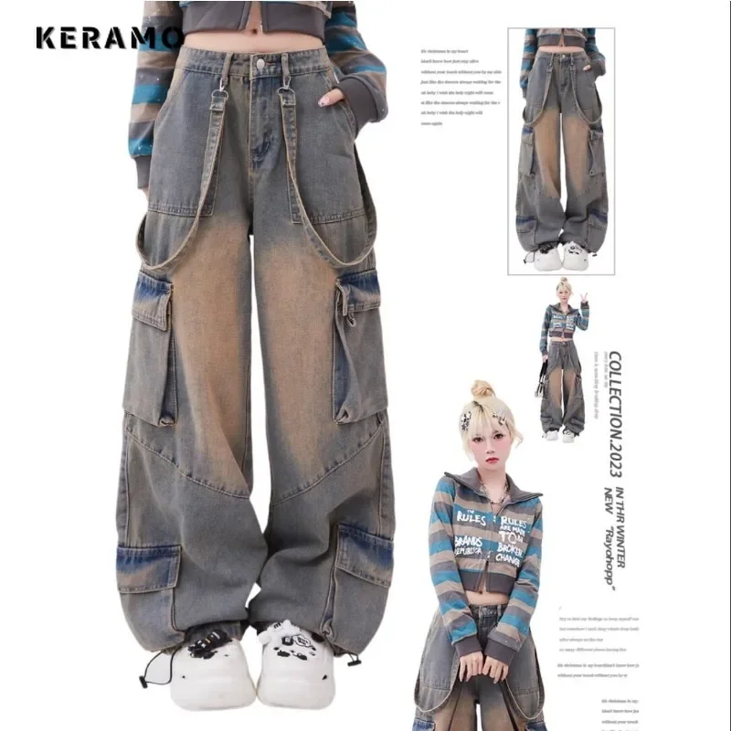 Women Vintage High Waist High Street Style Pockets Straight Jeans Baggy Pants Female Wide Leg Baggy Y2K Grunge Denim Trouser