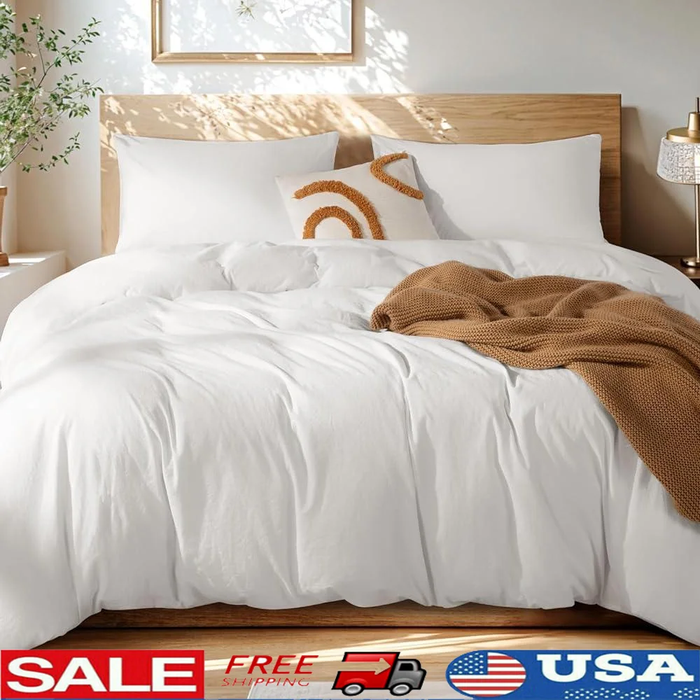 

100% Washed Cotton Duvet Cover Set 3 Pieces Soft Breathable Fabric Pillowcases Hidden Zipper Durable Bedding Luxury Comfort