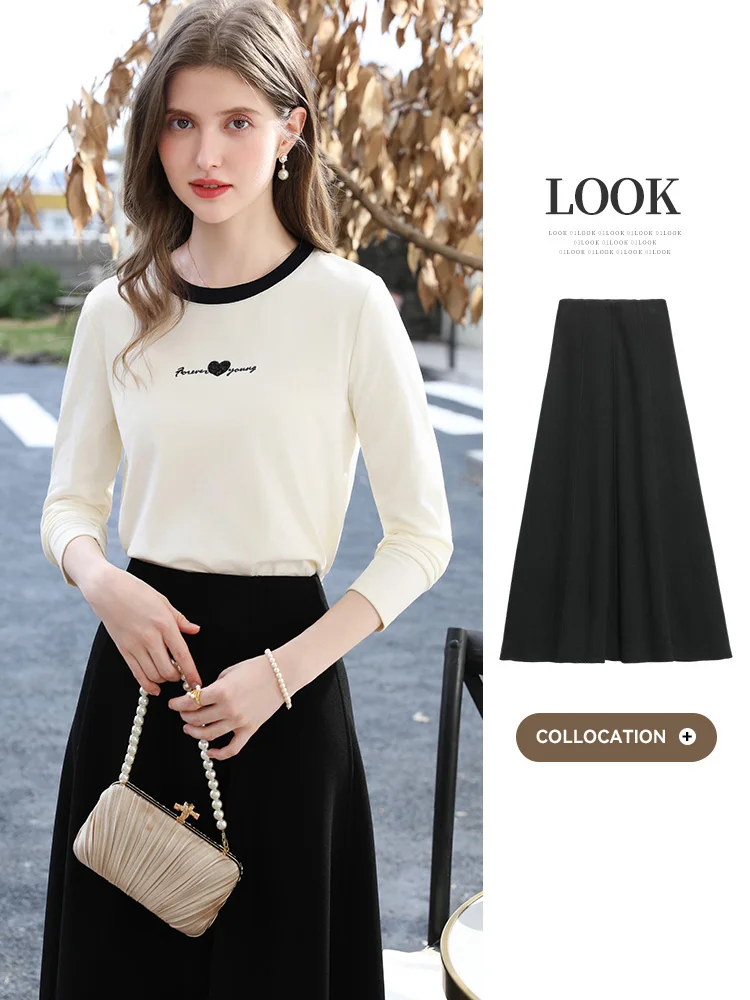 I BELIEVE YOU Donna Top in maglia albicocca 2025 Moda autunno Nuovo cuore ricamato T-shirt a maniche lunghe in cotone Casual Top 2253016148