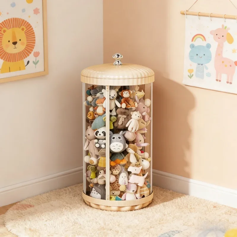 

Large Capacity Transparent Cylinder Zipper Basket Children Plush Toy Storage Bucket Doll Organizer for Kids Room Household Use
