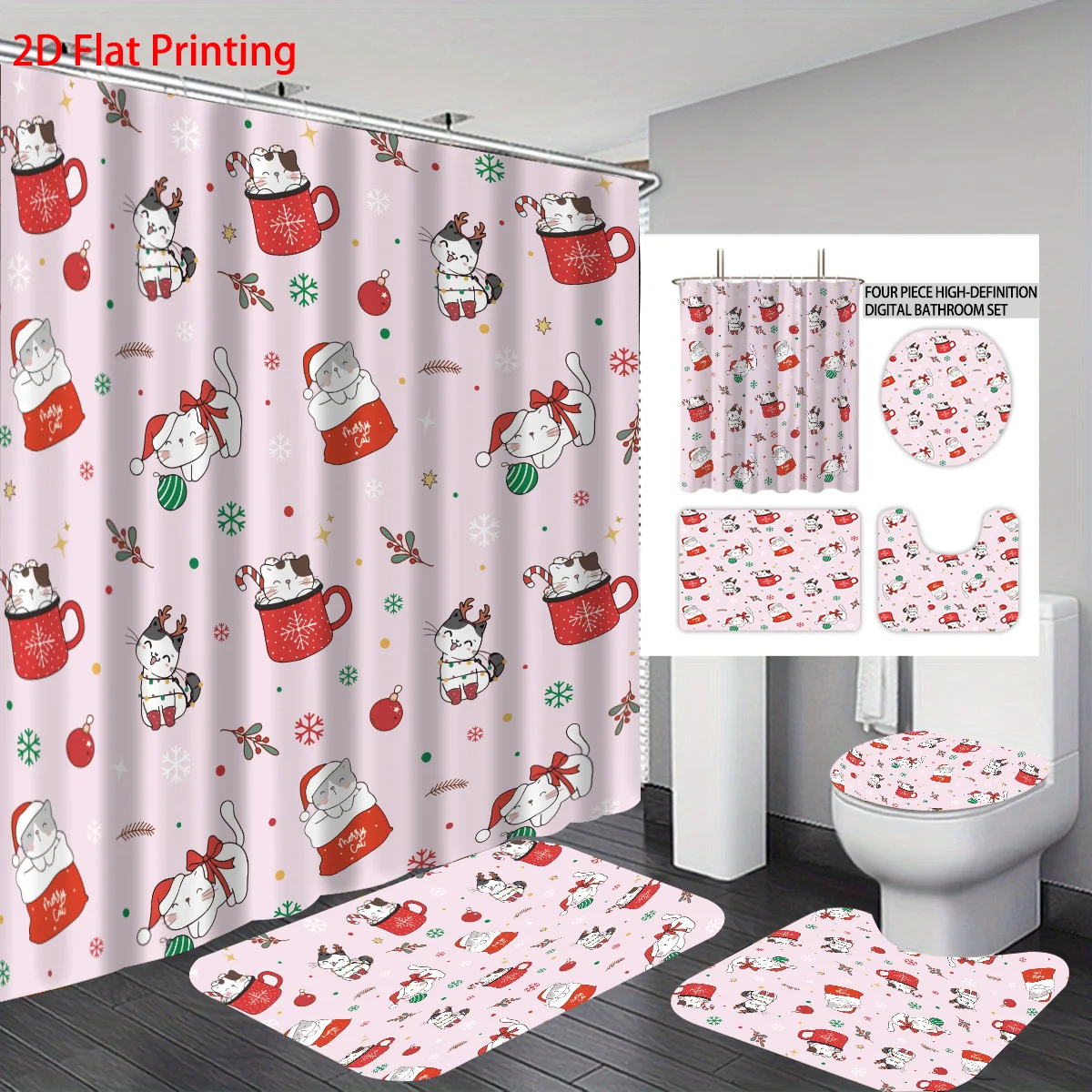 

4pcs Christmas Cat Printed Bathroom 4-piece Set 180x180 Waterproof Shower Curtain, Floor Mat, Toilet Mat, U-shaped Mat