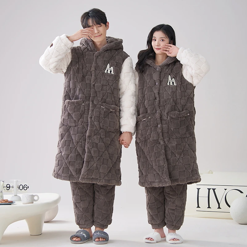 Winter Coral Velvet Men Sleepwear Button Cardigan Robes + Pant Home Clothing Thick Warm Men and Women Hooded Pijamas