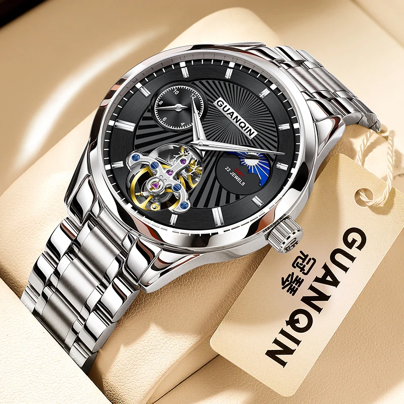

Мужские механические часы GUANQIN, роскошные GMT, автоматические скелетонизированные маховики из нержавеющей стали, водонепроницаемые наручные часы для бизнеса и отдыха