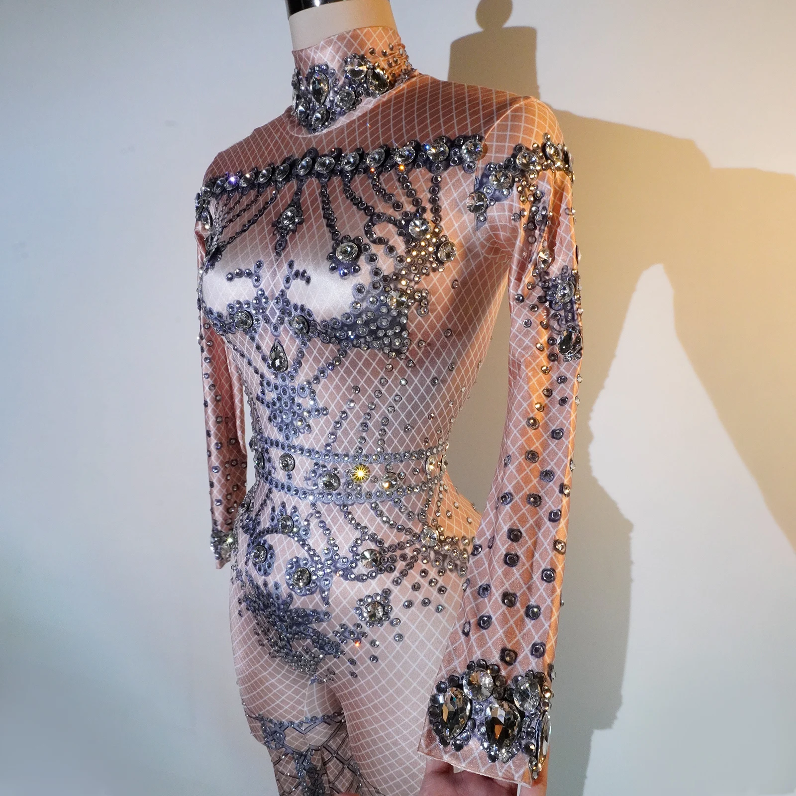 レディースダイヤモンドプリントジャンプスーツセクシーな長袖ナイトクラブパーティー誕生日衣装お祝いタイトフィットポールダンスパフォーマンス