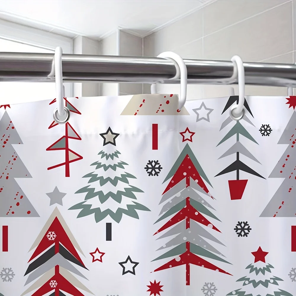 Christmas Tree Shower Curtain Waterproof Fabric Bathroom Shower Curtain With Hooks for Winter Holiday Decoration 72X72 Inch