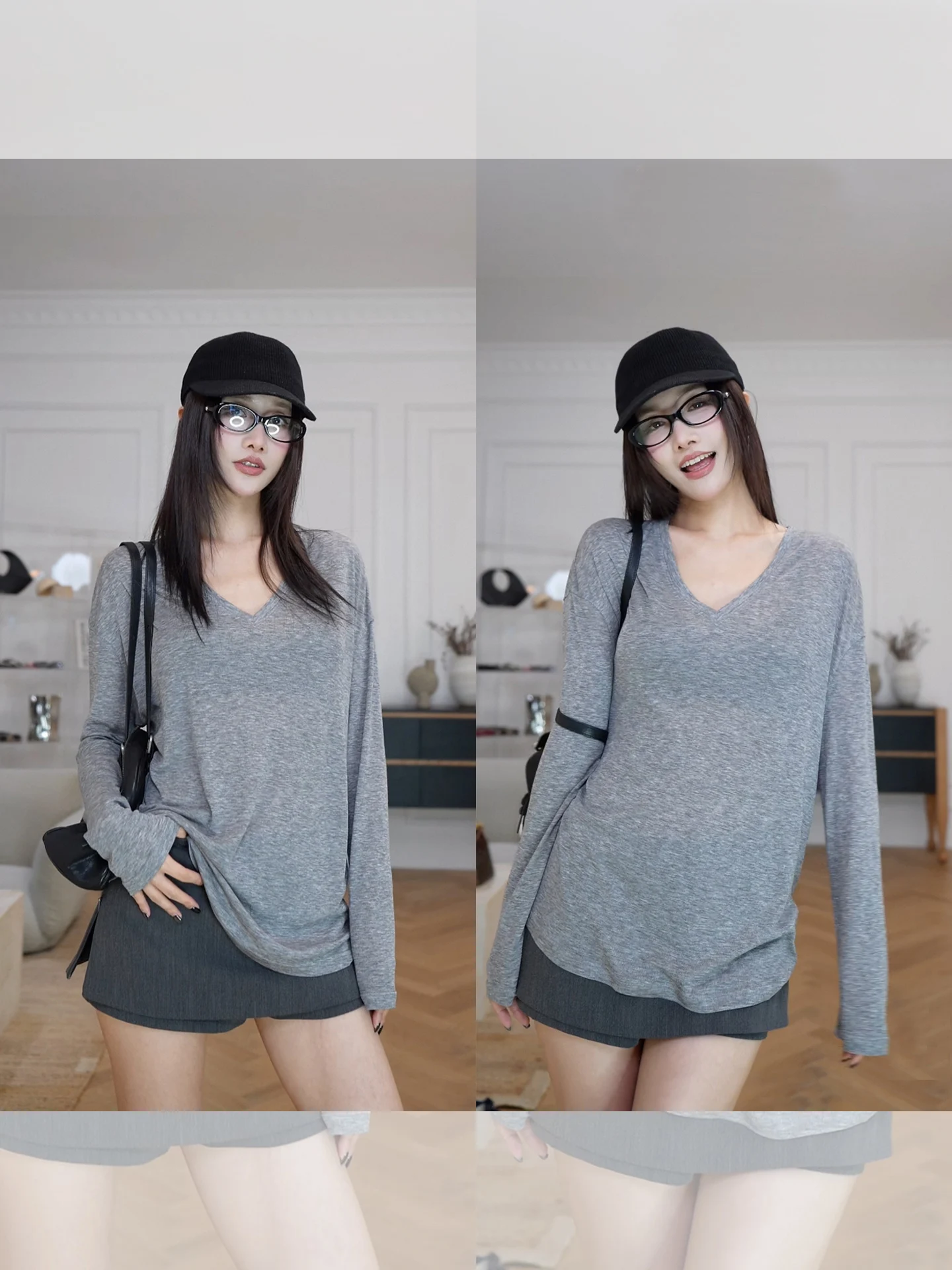 

Повседневная женская футболка из шелка и шерсти с длинным рукавом и V-образным вырезом, свободного кроя, для ежедневной носки, осенняя новинка, серия Left Side Fashion