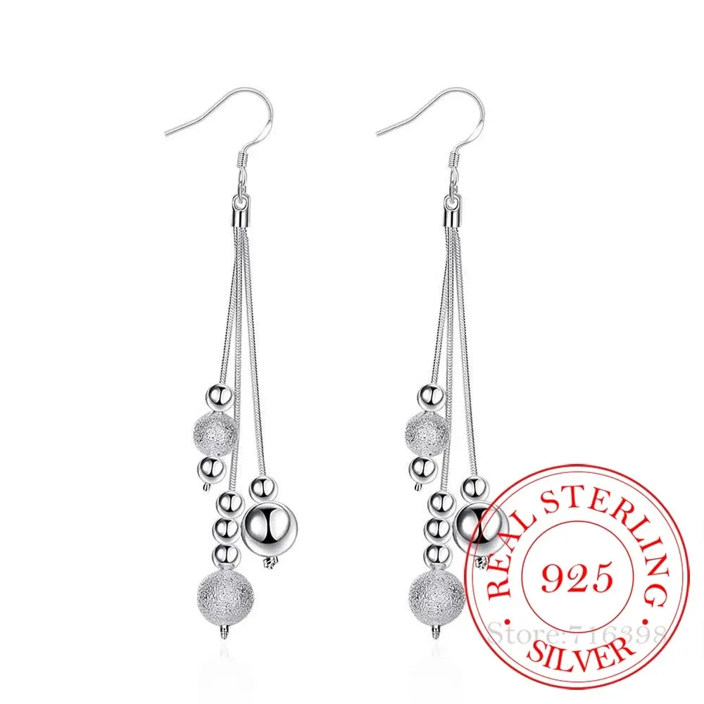 Korean 925 Sterling Silver Three Line Beads Ball Vintage Long Tassel Dangle Earrings For Women 2025 Engagement Wedding Jewelry