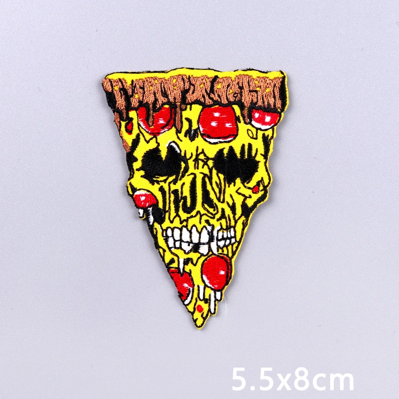 Pizza Skull Embroidered Patches For Clothing Stickers Punk Skeleton Patch Iron On Patches On Clothes DIY Sewing Applique Badges