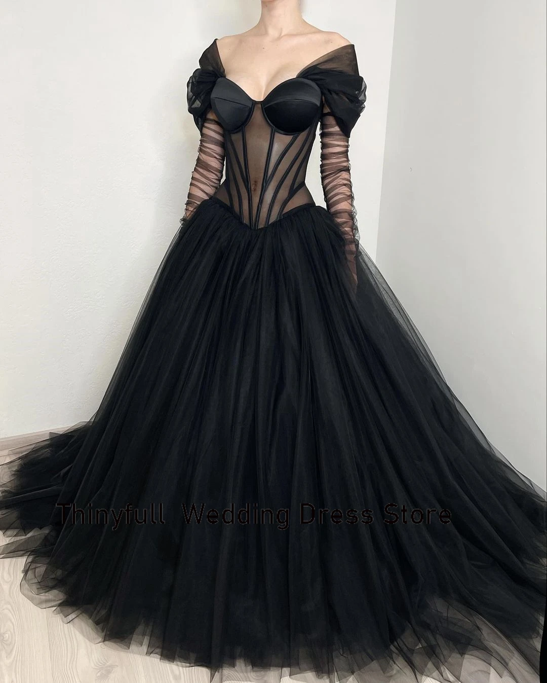 Thinyfull Black Gothic Sheer Corset Tulle Wedding Dress A-line Off Shoulder Long Sleeves Bride Dress Lace Up Bridal Gowns 2023