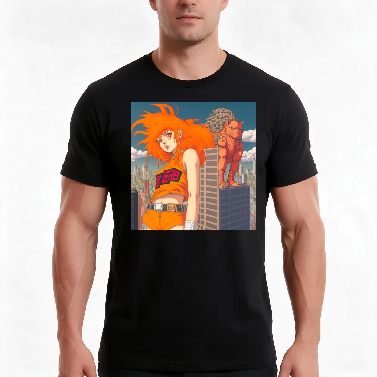 Big Orange - Anime Kaiju Girl T-Shirt Summer Casual Cotton Tee Oversized Streetwear Tops Vintage Graphic Print 100% Cotton