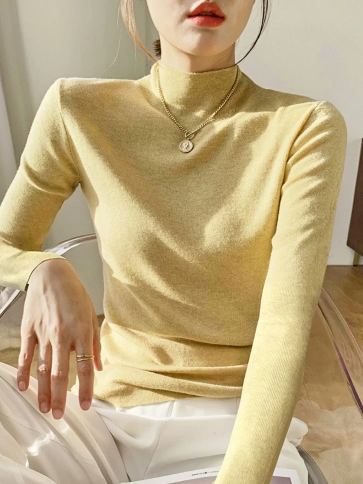 

Thiened Camere Knitted Sweater Women's f High Collar Wool Base irt Sweet Sle Loose Fit Long Sve Autumn Faion