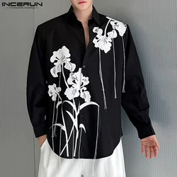 INCERUN Handsome Men's Clothing Floral Print Tassel Shirts Casual Clubwear Male Loose All-match Long Sleeved Lapel BLouse S-5XL