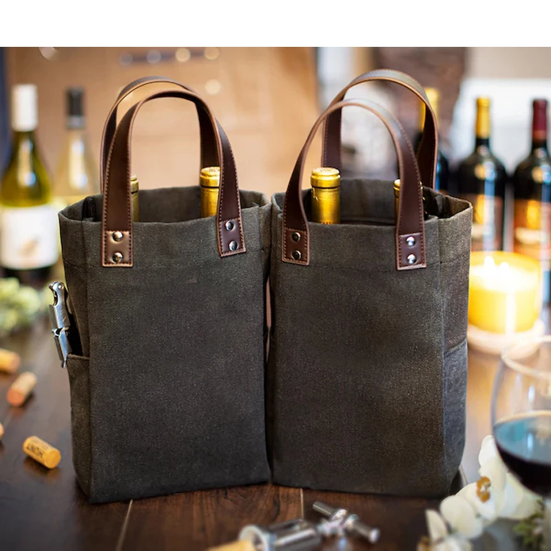 

Double Bottle Wine Gift Tote Bag 16oz Washed Canvas Leather Handle Wine Carrier for Wine Lovers Party Present Custom Acceptable