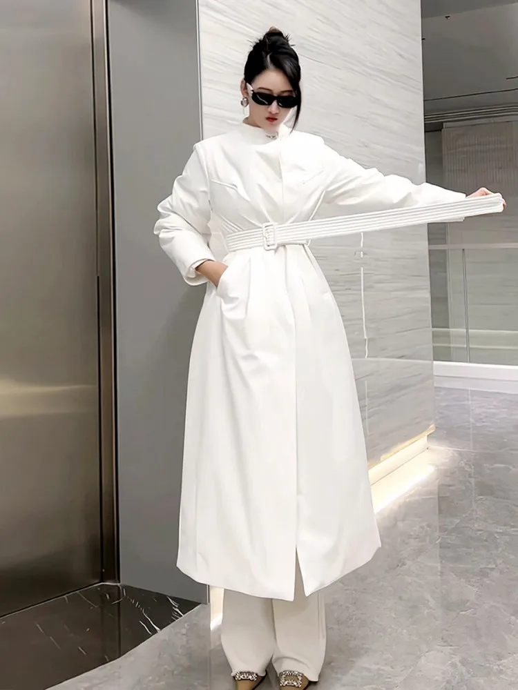 Damska kurtka puchowa w stylu koreańskim, z okrągłym dekoltem, szarfami, jednolita, do kolan lub dłuższa, ciepły zimowy płaszcz.