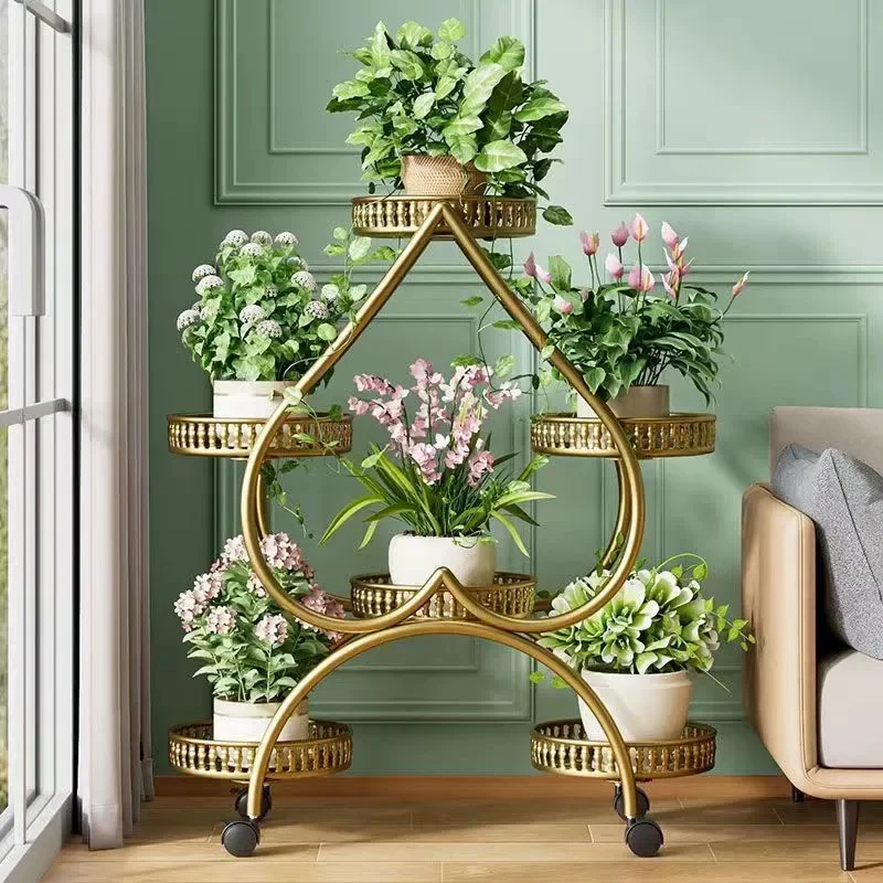 Metal Plant Stand Planter Shelf Floor-Standing Flower Pot Stand Living Room Movable Iron Multi-layer Flower Pot Display Rack