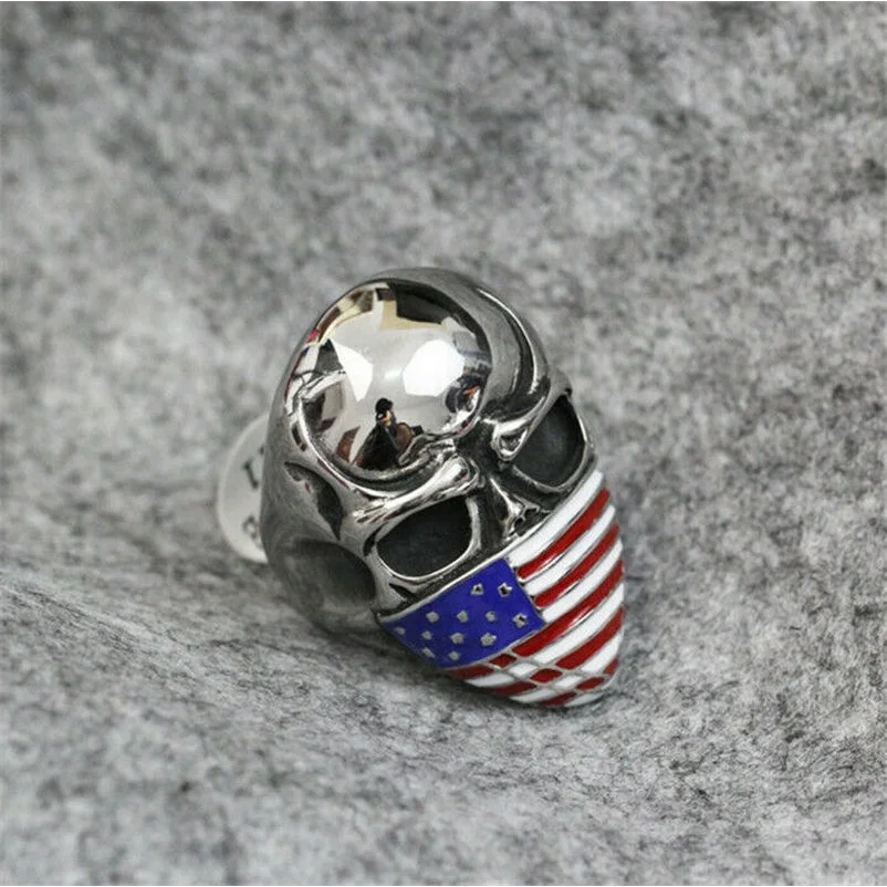 Men\'s Stainless Steel Vogue Design Usa Flag Pattern Skull Ring Size 8 9 10 11