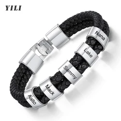 Personalized Name Leather Bracelet for Men Custom Engraved 1-6 Names Men Customized Stainless Steel Bracelet for Father Dad Gift