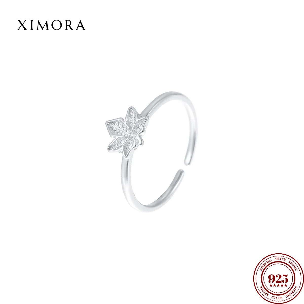 

XIMORA S925 Sterling Silver Minimalist Maple Leaf Ring Niche Simple Plain Silver Band Adjustable Open-Back Ring