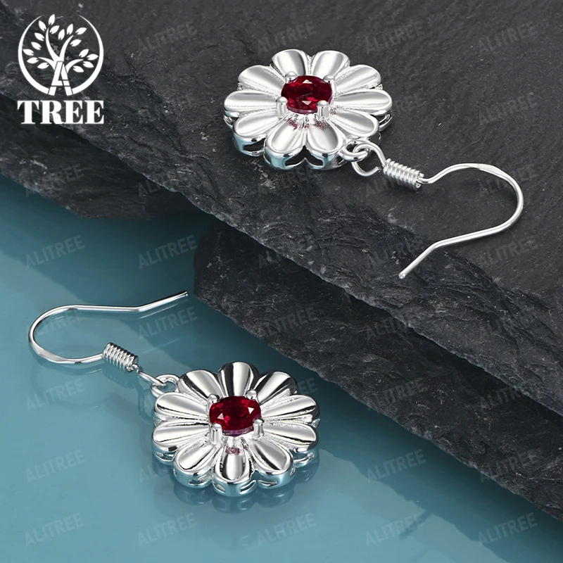 

Red Zircon Flower Earrings 925 Sterling Silver Drop Earring For Lady Engagement Party Wedding Accessories High Quality Jewelry
